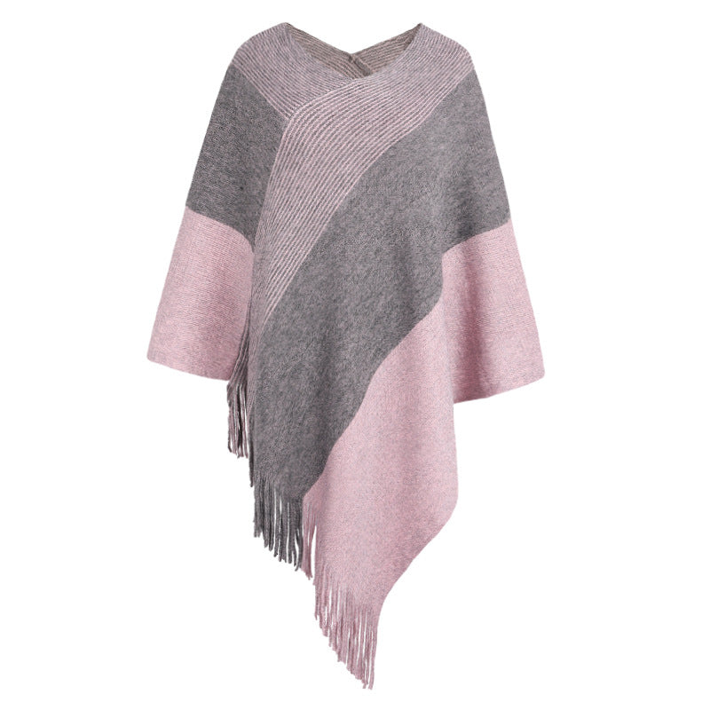 Contrasting Color Cloak Shawl Sweater Coat