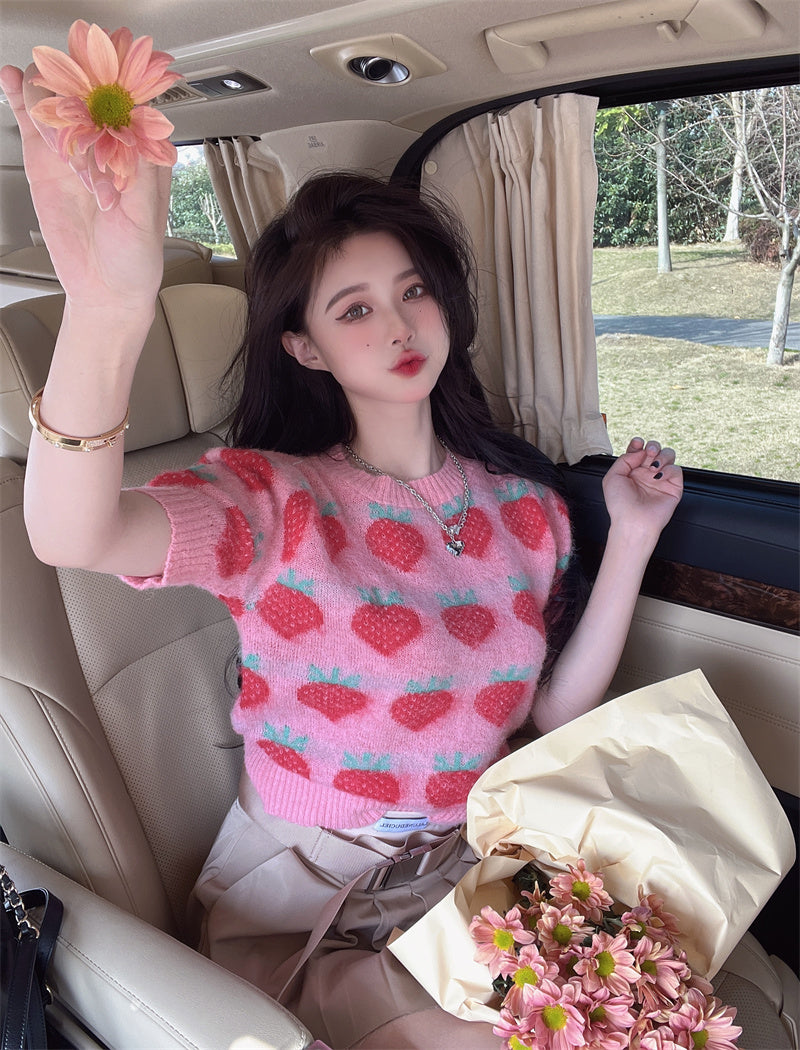 Strawberry Knitted Sweater Slim Fit Short Sleeve