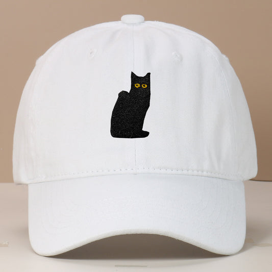 Sitting Black Cat Embroidered Baseball Cap Worn Looking Washed-out