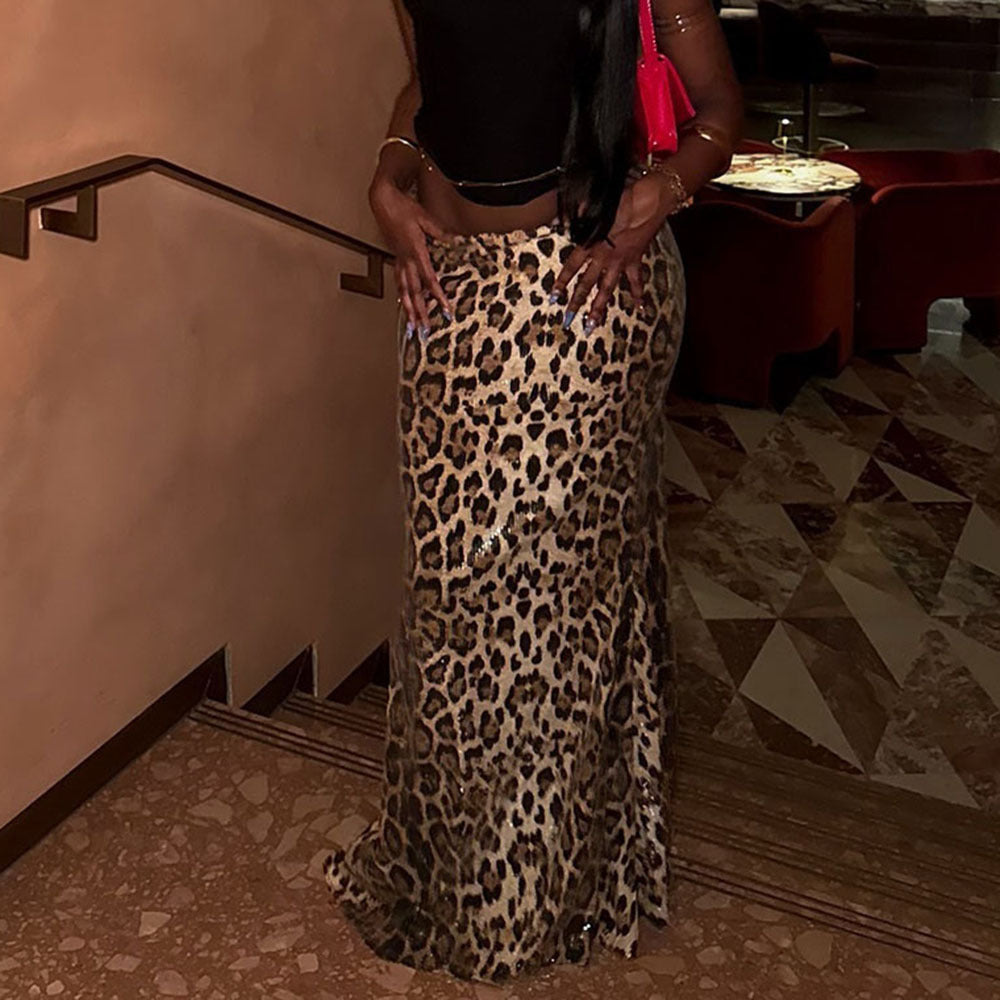 Leopard Print Sequin Stitching Stretch Skirt