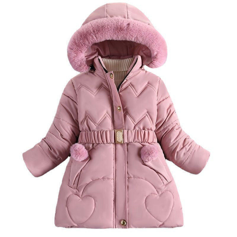 Girls' Mid-length Fleece-lined Thickened Cotton Coat