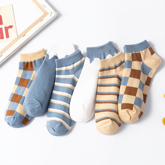 Cute Student Socks Plaid Sweet Blue Boat Socks Cotton College