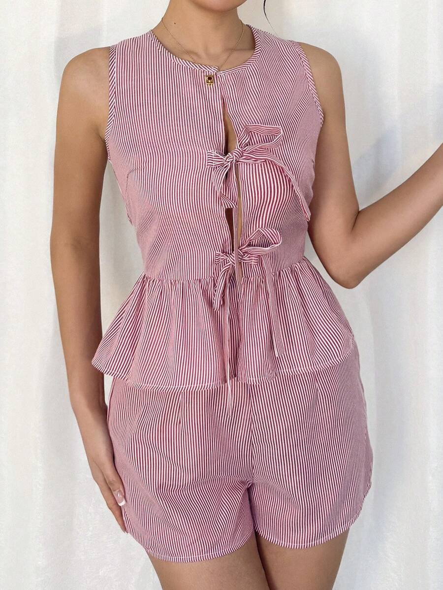 Womens Fashion Striped Short-Sleeve Bow-Knot Shorts Set