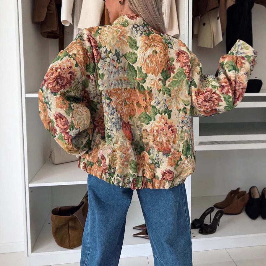 Loose Printed Short Jacket Zipper Casual Coat