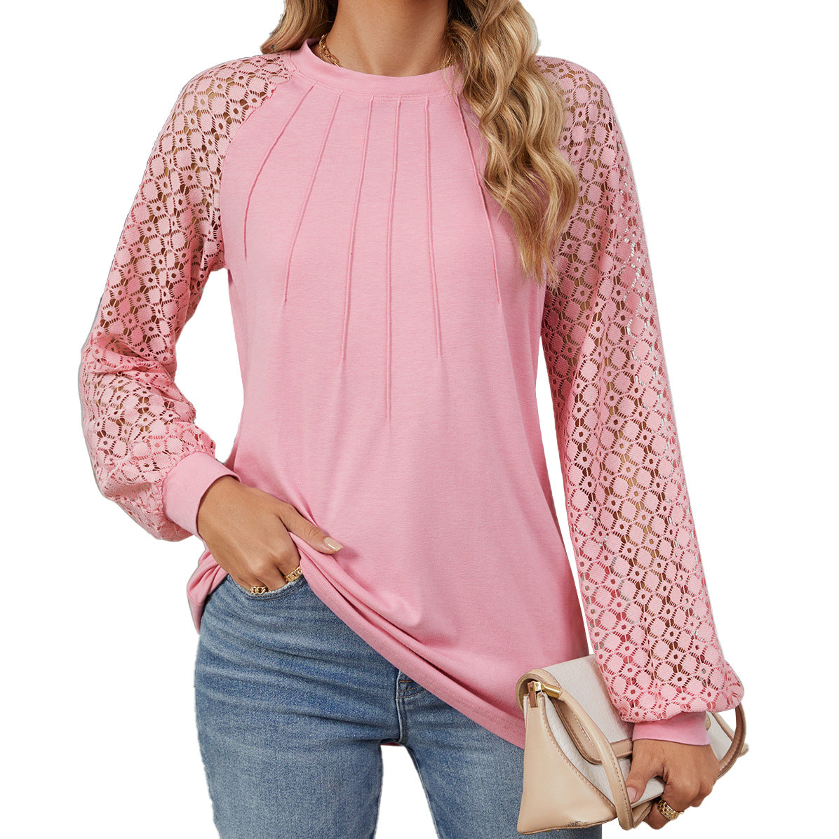 Ny blondelangærmet T-shirt med rund hals, moderigtig løs ensfarvet pullover-top til dametøj