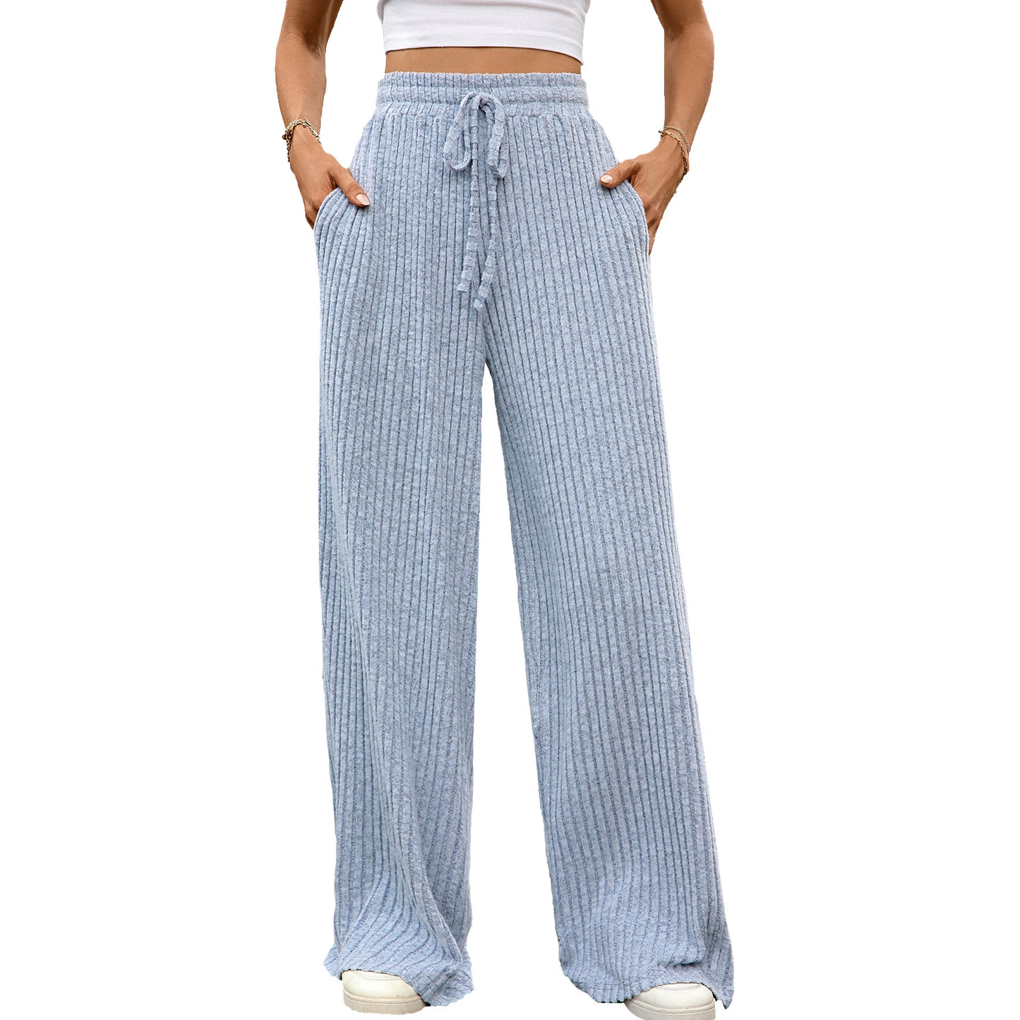 Multi-color Drawstring Loose Sunken Stripe Straight-leg Trousers