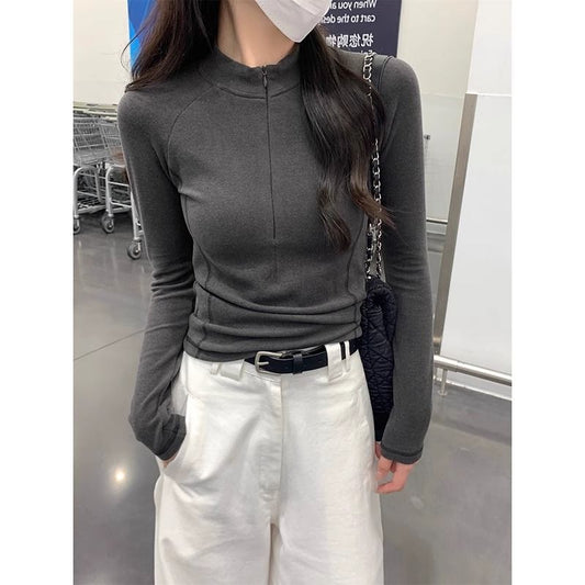 Grå Halv Turtleneck Tætsiddende Dralon T-shirt Slim Fit Undertrøje Langærmet Bundtrøje
