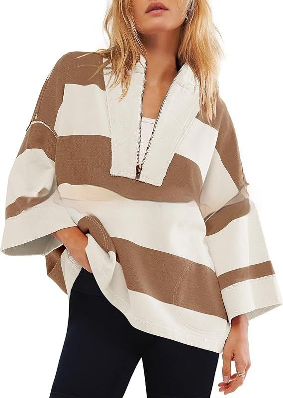 Women's Oversized Striped Shirt Half Zip Sweatshirt Color Matching