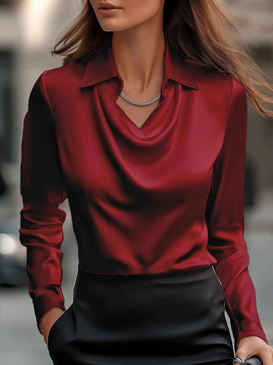 Spring And Autumn Temperament Long Sleeve Satin Swing Collar Top Shirt For Women