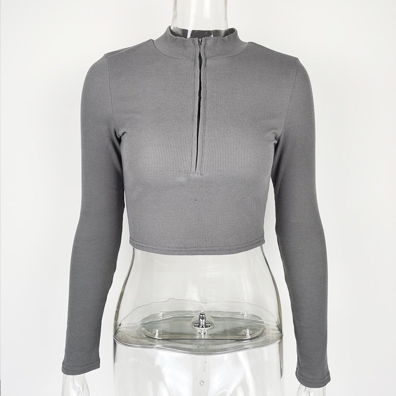 Women's Casual Solid Color Zipper Crop Slim Fit Top