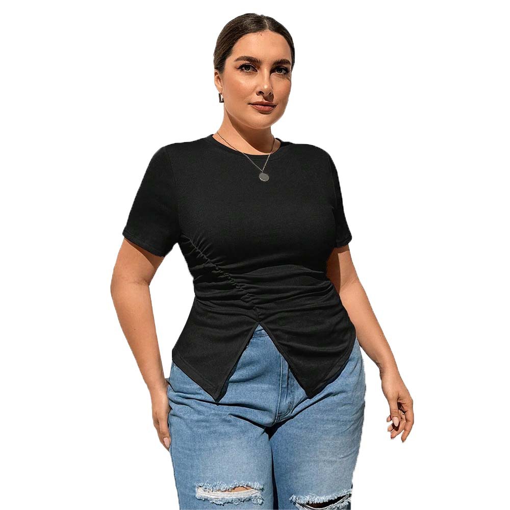 Simple Style New Round Neck Solid Color Short Sleeve Slit T-shirt
