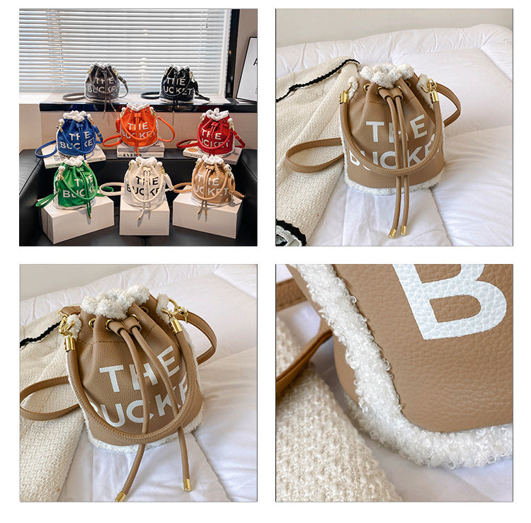 BucketLamb Wool Alphabet Portable Cross-body Bucket Bag