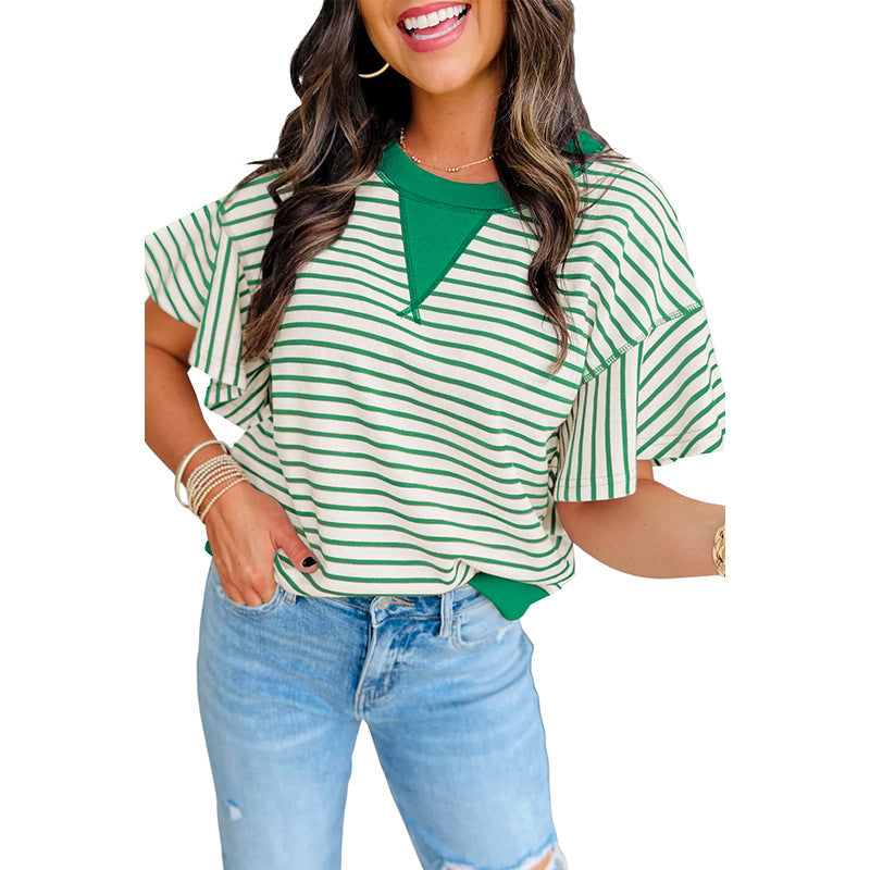 Round Neck Striped Printed Loose T-shirt