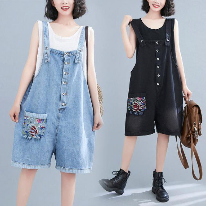 Fat Mm Artistic Style Embroidered Denim Suspenders