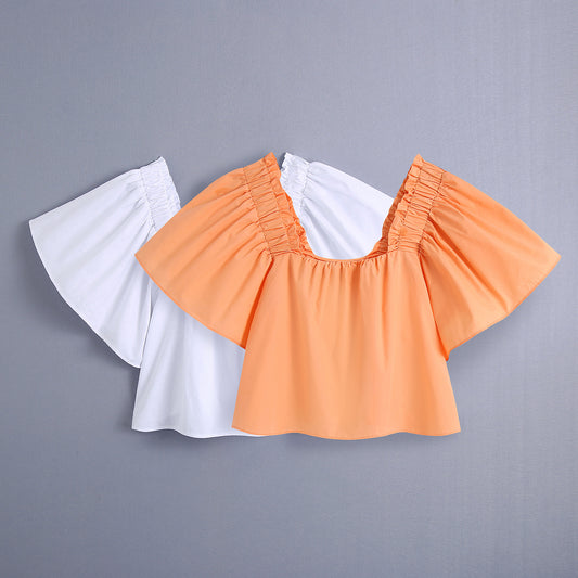 New European And American Puff Sleeve Silk Solid Color Loose Top