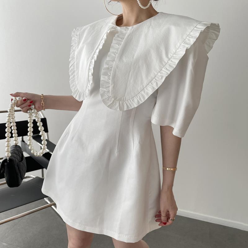 Contrast Color Stitching High Waist Puff Sleeve Dress With Fungus Edge