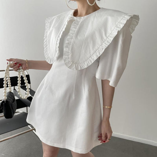 Contrast Color Stitching High Waist Puff Sleeve Dress With Fungus Edge