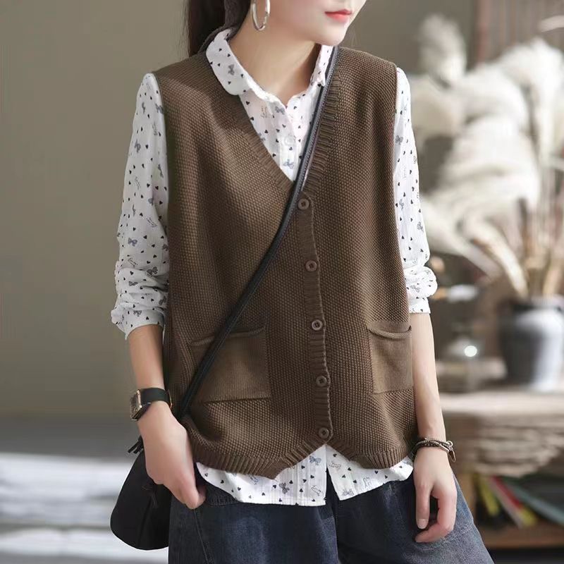 New Versatile Retro Solid Color And V-neck Vest