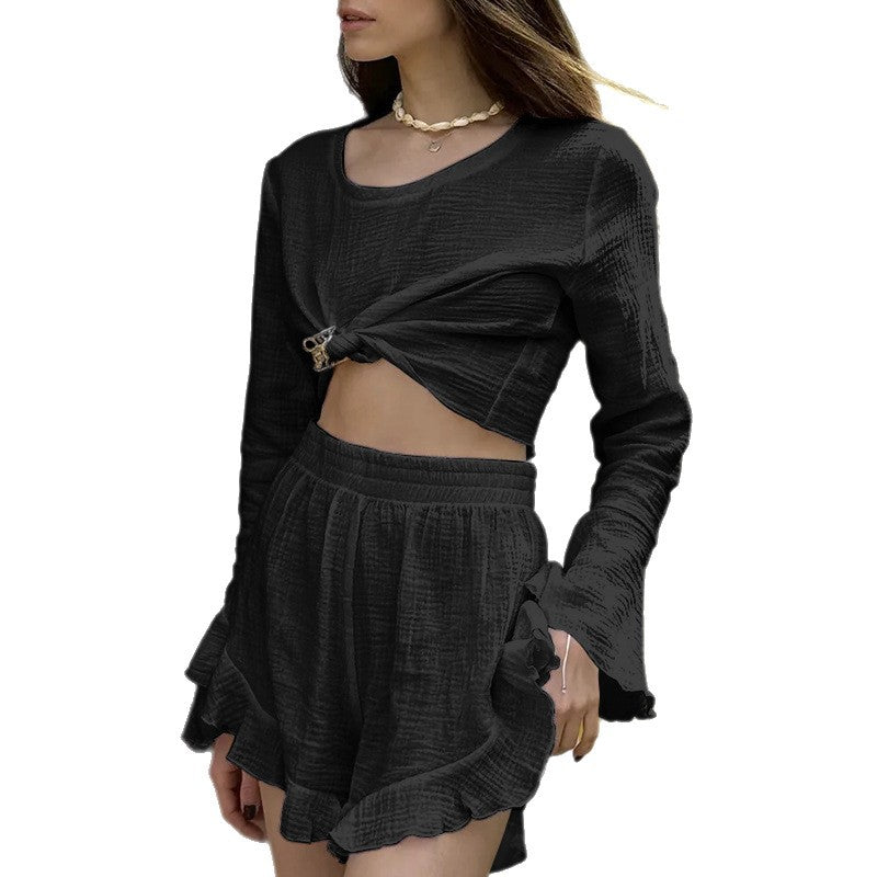 Casual Womens Lace Trimmed Short-Sleeve Top And Shorts Set