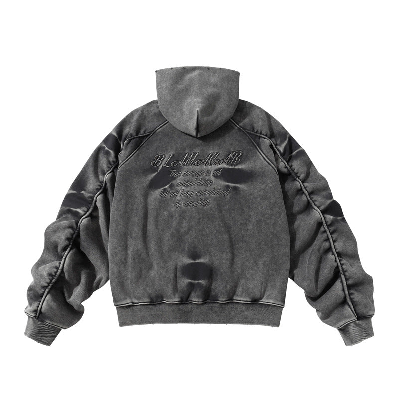 Winter American Retro Washed Distressed Hooded Fleece Lined Sweater