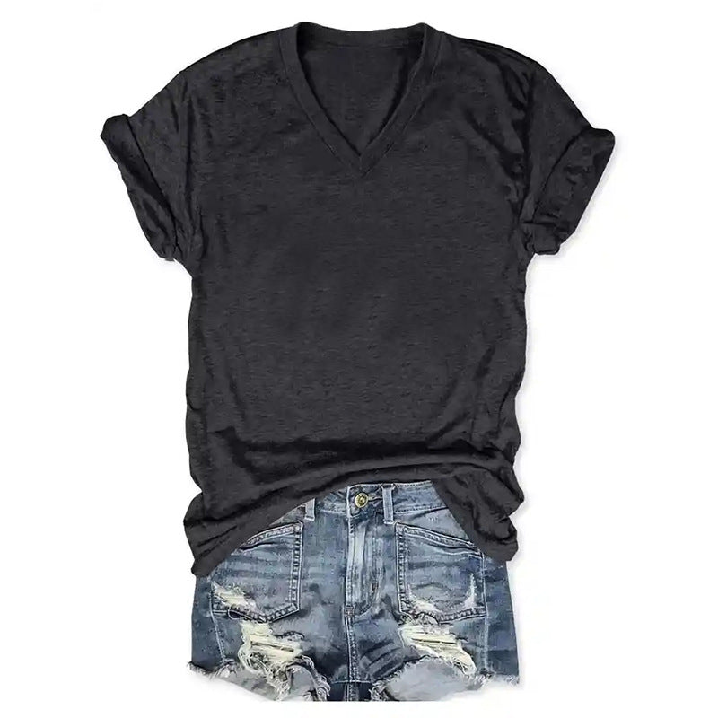 Europe And America Spring And Summer Solid Color Printing T-shirt V-neck Pullover