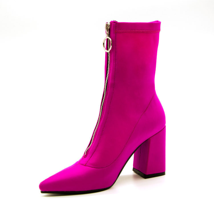 Short Boots Summer Breathable Stretch Boots High Heel Chunky Heel Pointed Toe Front Zipper Fashionable Boots Large Size Shoes