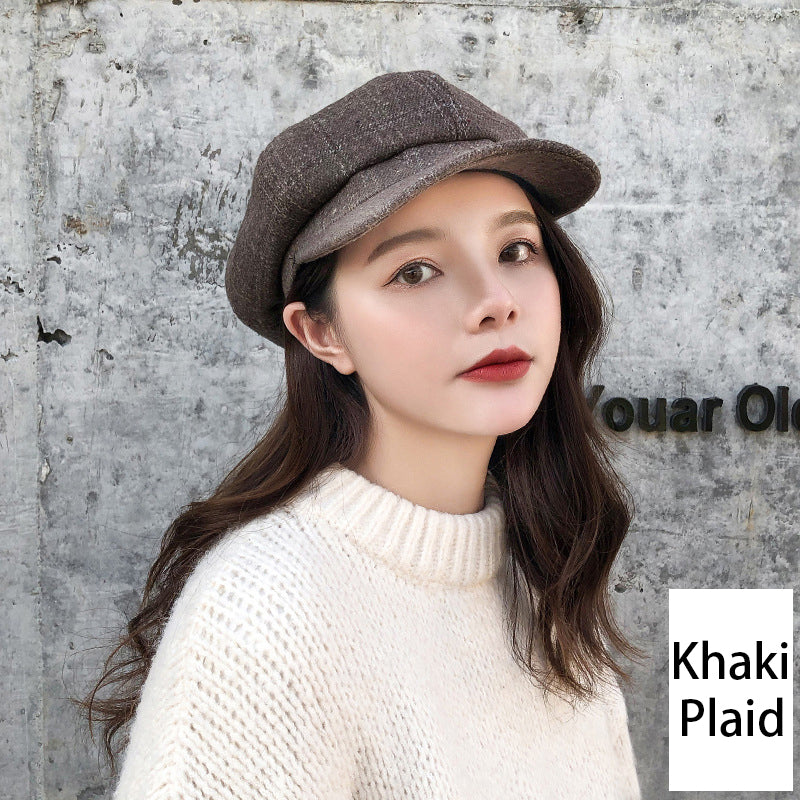 Retro Literary Octagonal Hat Plaid Beret