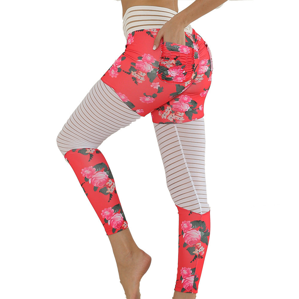 Lace Stitching Printed Peach Hip Pocket Yoga Pants