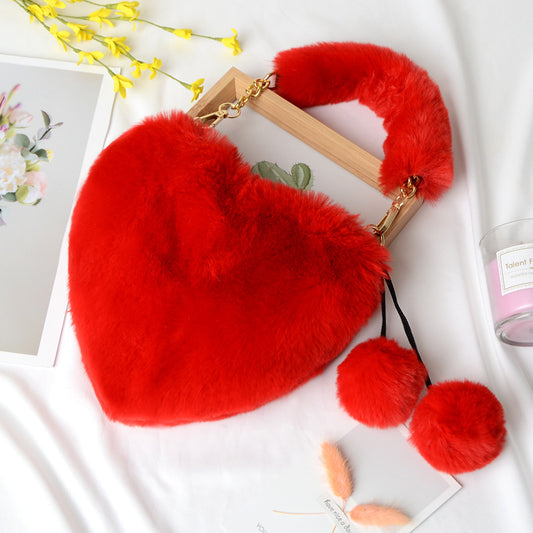Women's Heart-shaped Plush Peach Heart Artificial Wool Handbag