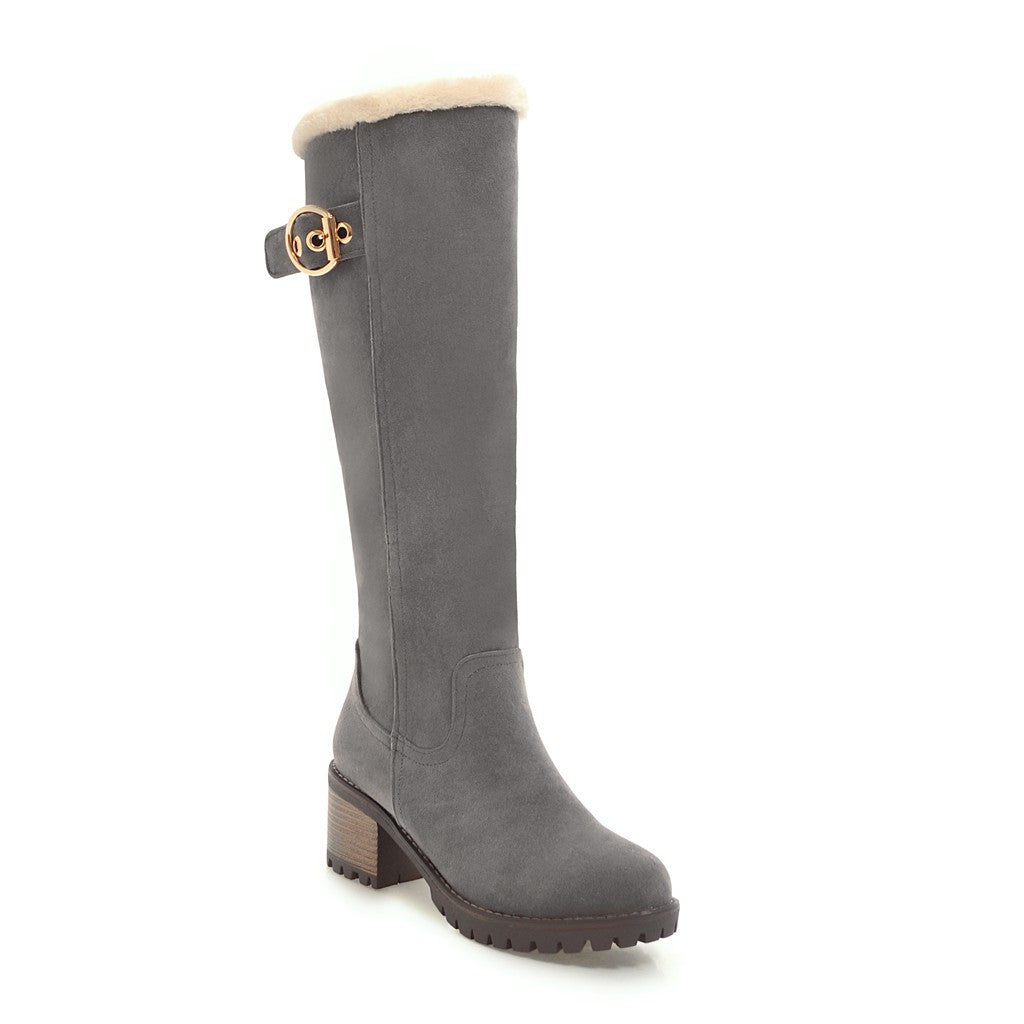 Medium Chunky Heel Suede Buckle Zipper Versatile Warm Knee-length Boots