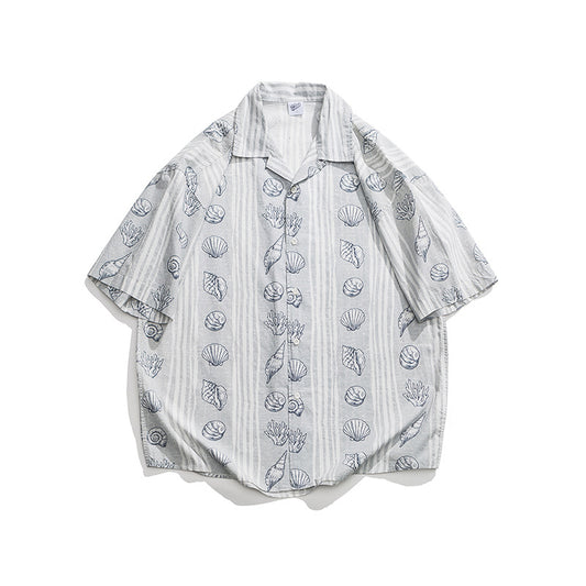 Summer Trendy Loose Shell Printing Lapel Shirt Japanese Leisure