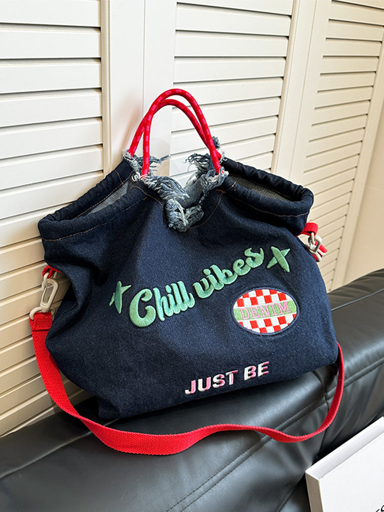 Women's Large Capacity Embroidered Denim Shoulder Bag