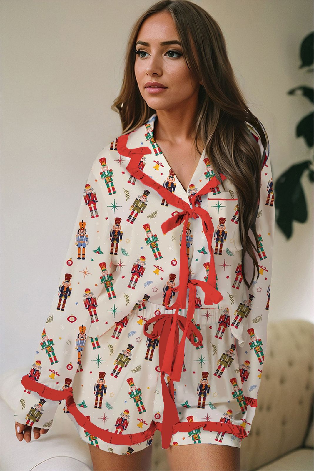 Casual Christmas Satin Printed Ruffle Strip Lace-up Pajamas Set