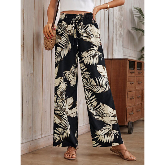 Women's Casual Digital Printing Loose Drawstring High Waist Trousers
