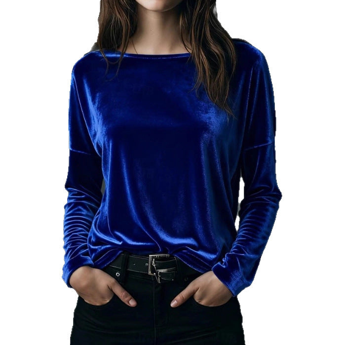 Dame Ensfarvet Løstsiddende Rundhalset Pullover Fløjl T-shirt