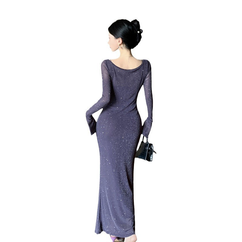 Womens Off-the-Shoulder Dress And Shiny Silk Blouse Two-Piece Set