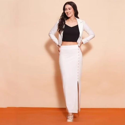 European And American Women's Clothing Sunken Stripe Rib Temperament Split Button Sheath High Waist Skirt