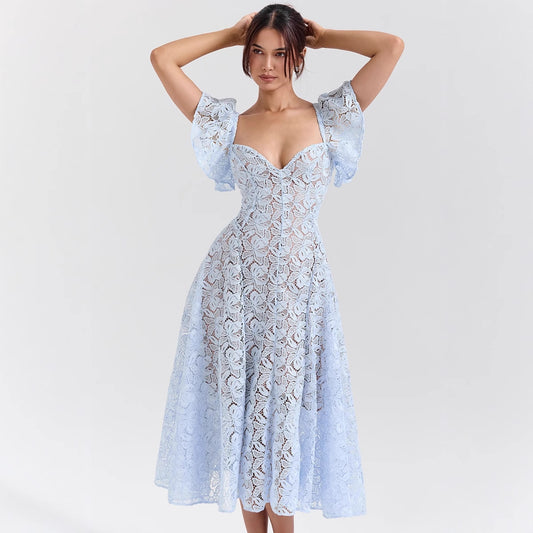 Retro Lace High-Waisted Slimming V-Neck Short-Sleeve Maxi Dress