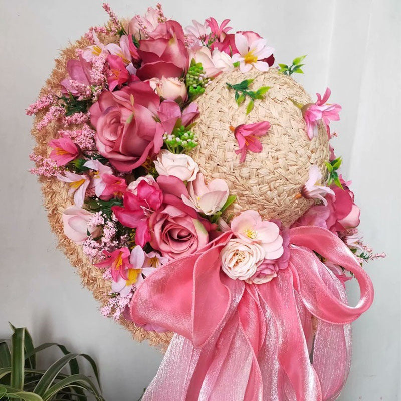 Ladies Fashion Raffia Purple Flower Straw Hat