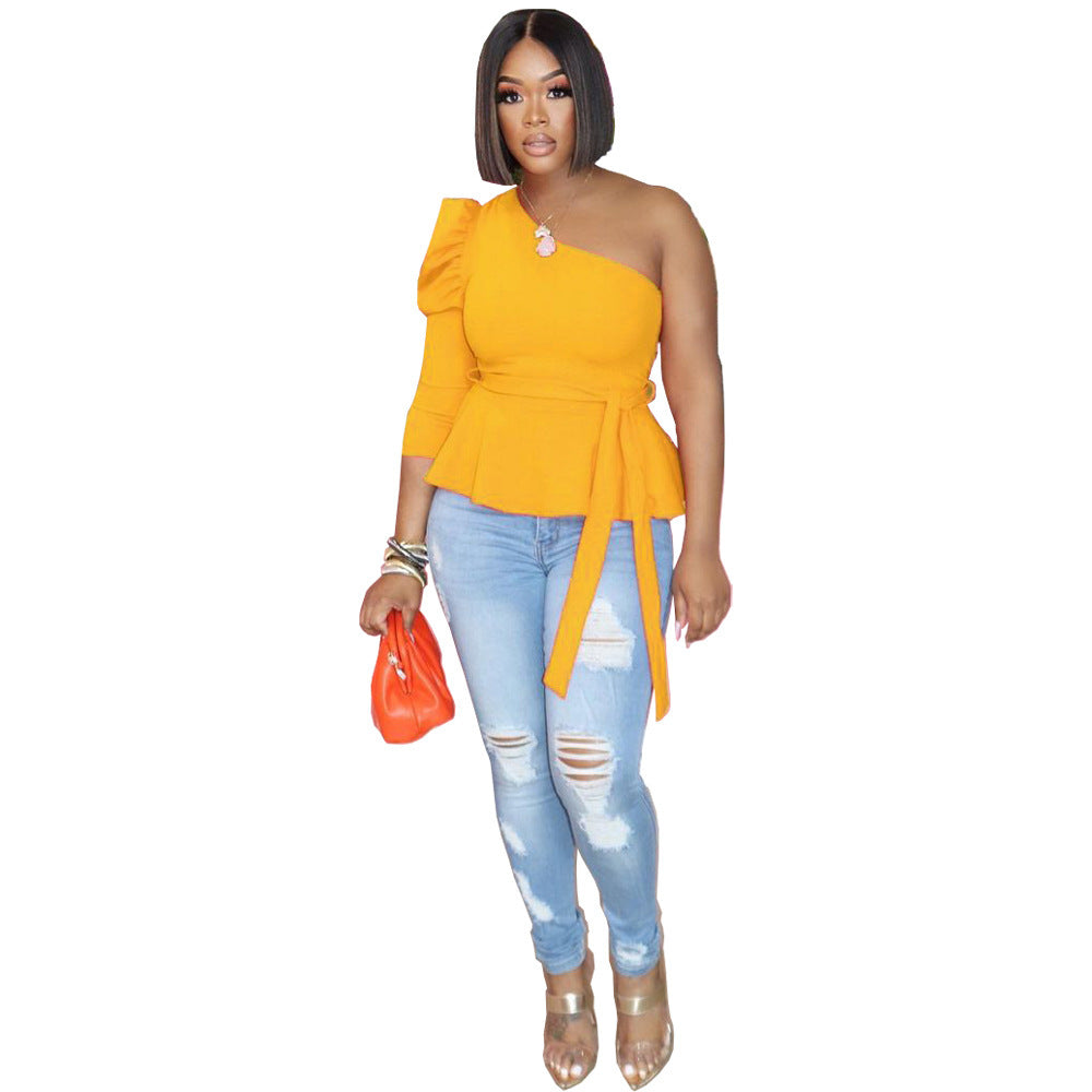 Fashionable Sloping Shoulder Puff Sleeve Top With Straps And Temperament