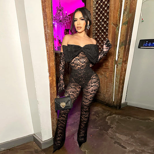 Sexy Bow Tube Top Hollow Out See-through Jumpsuit