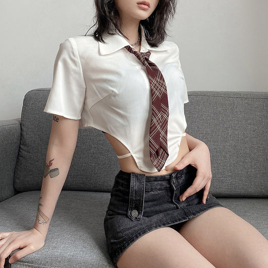 Hollow-out Wooden Ear Edge Cardigan Slim Fit Exposed Navel T-shirt