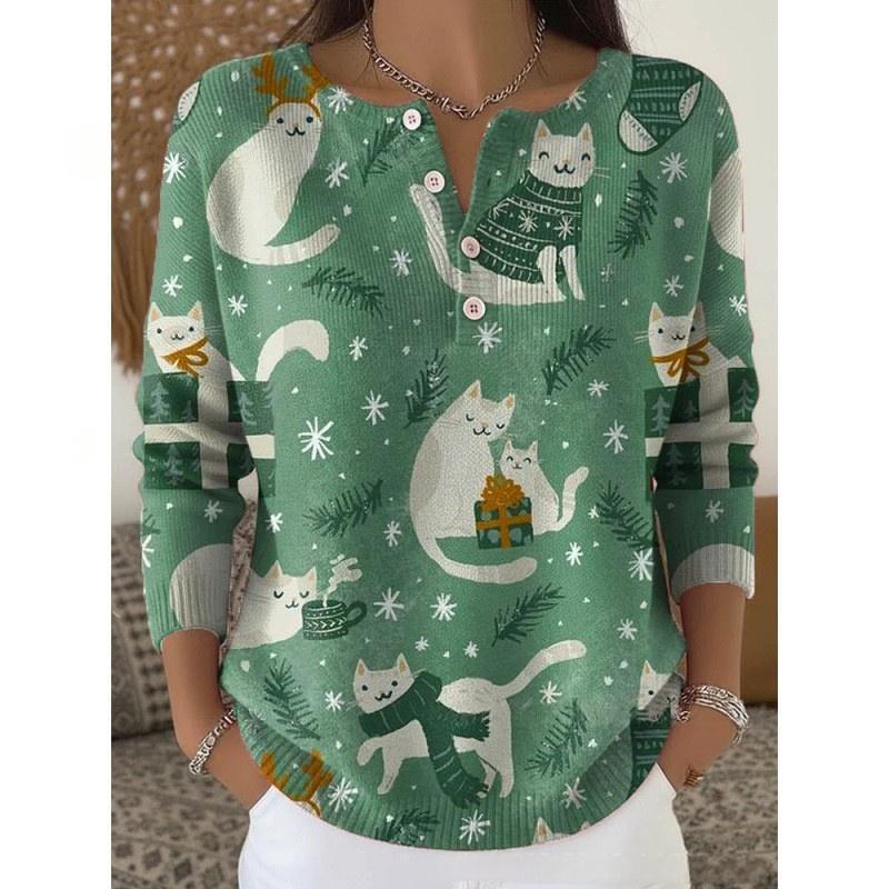 Retro Christmas 3D Digital Printing Four-button Stand Collar T-shirt