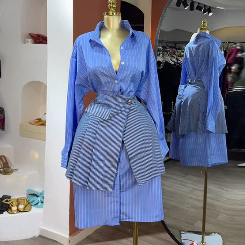 Turn-down Collar Blue Striped Long-sleeve Shirt And Waist-cinching Casual Set