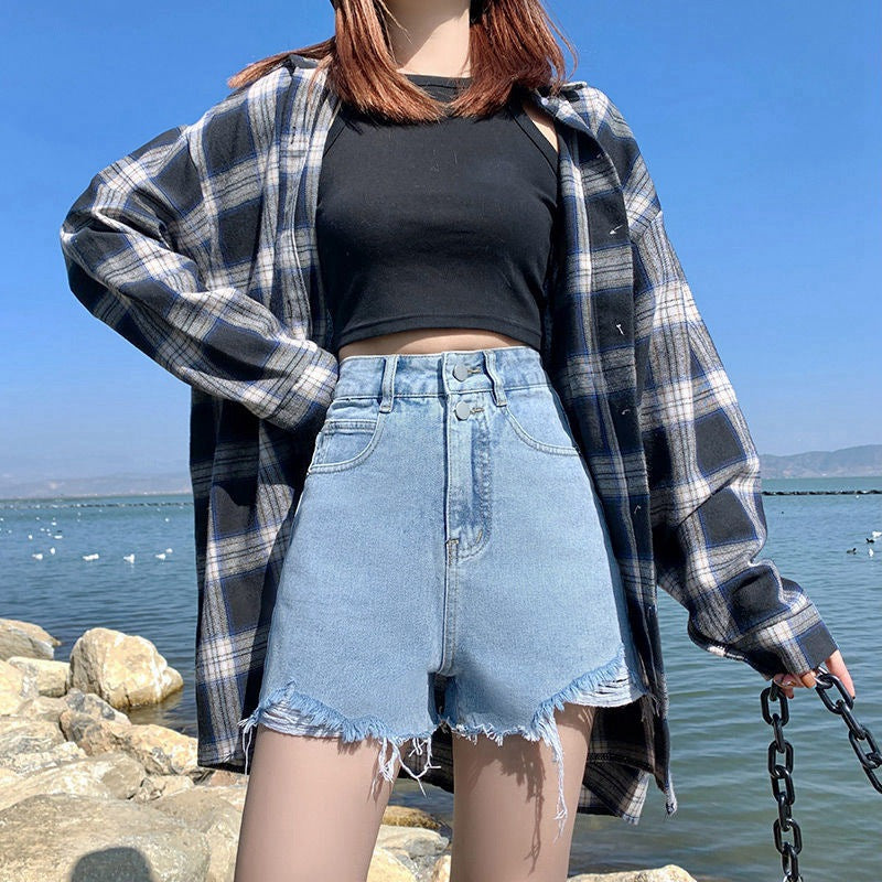 Ins-style Trendy Ripped Denim Shorts For Women Summer High-waisted A-line Design