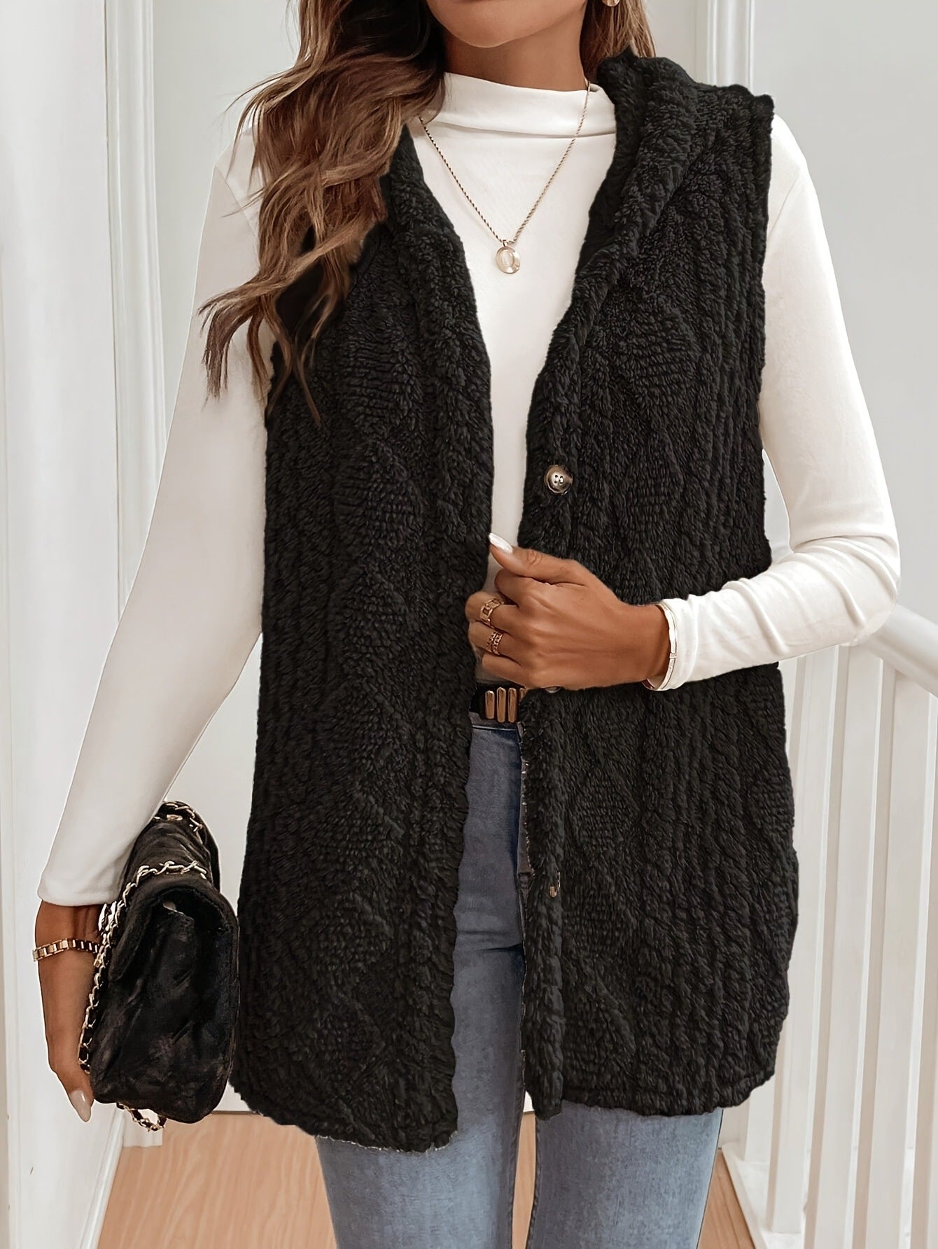 Women's Plush Coat Double-sided Diamond Plaid Texture Wool Fabric Sleeveless