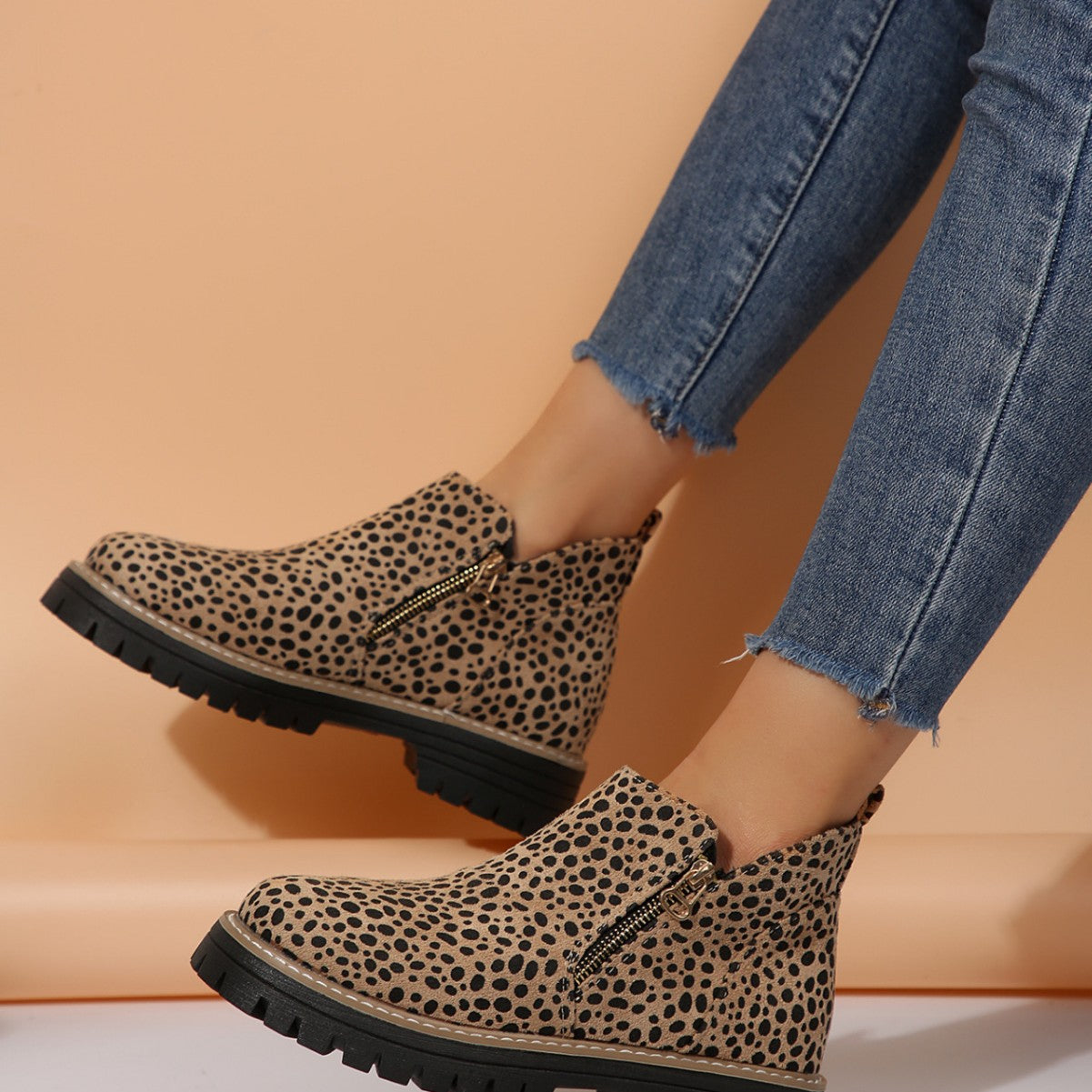 Leopard-Print Pointed-Toe Low-Top Fashion Boots For Women Versatile And Stylish