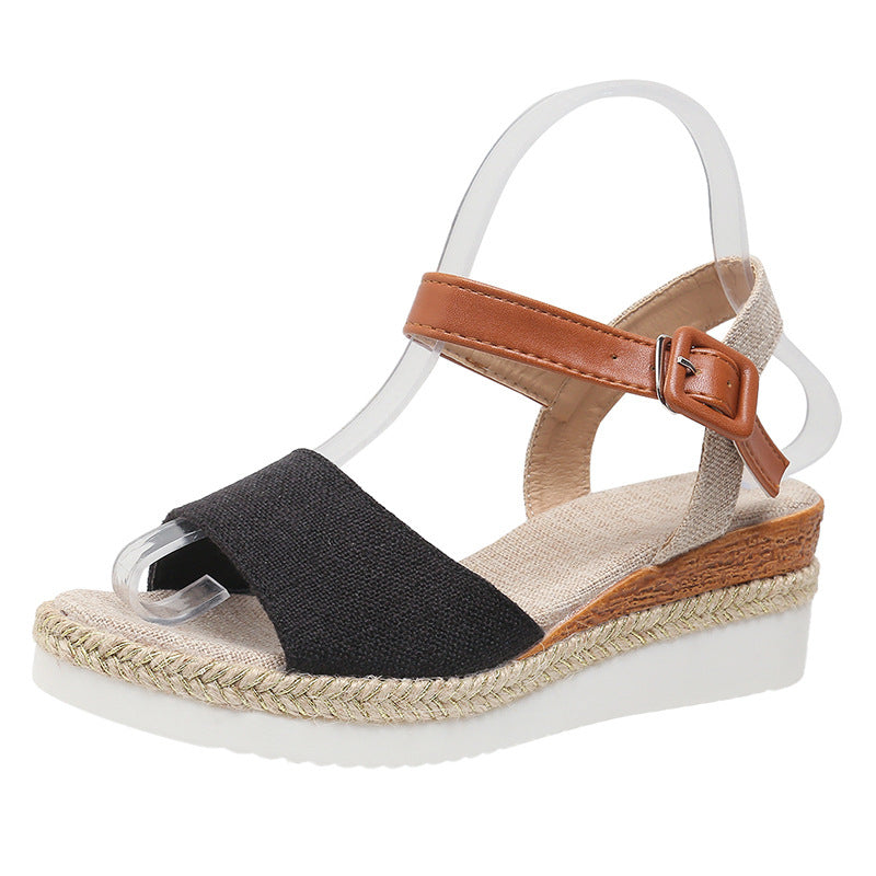 New Style Ankle-Strap Jute-Soled Lightweight Casual Fishmouth Wedge Sandals For Women