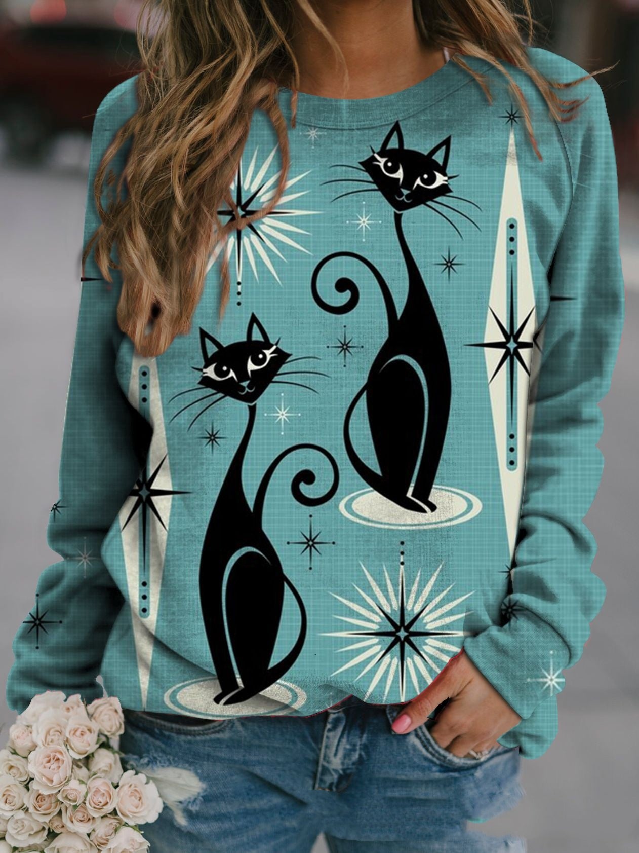 Autumn Animal Graphic Print Crew Neck Raglan Long-sleeved Top