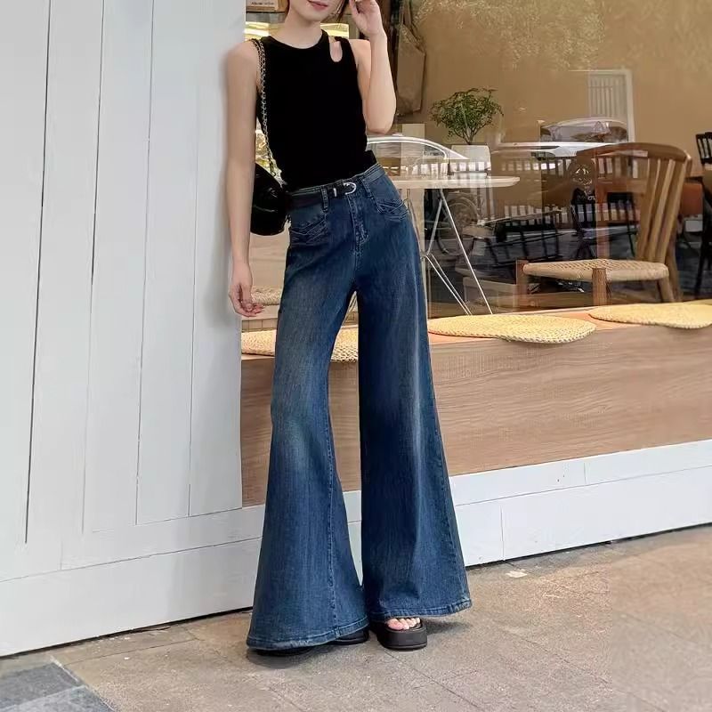 Retro Blue Wide-Leg Denim Jeans For Women, Autumn Supermarket Style